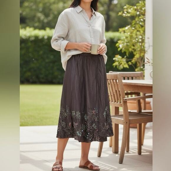 NWT CHICO’S brown boho silk crinkle midi skirt with beading/embroidery size 6 - Picture 1 of 6